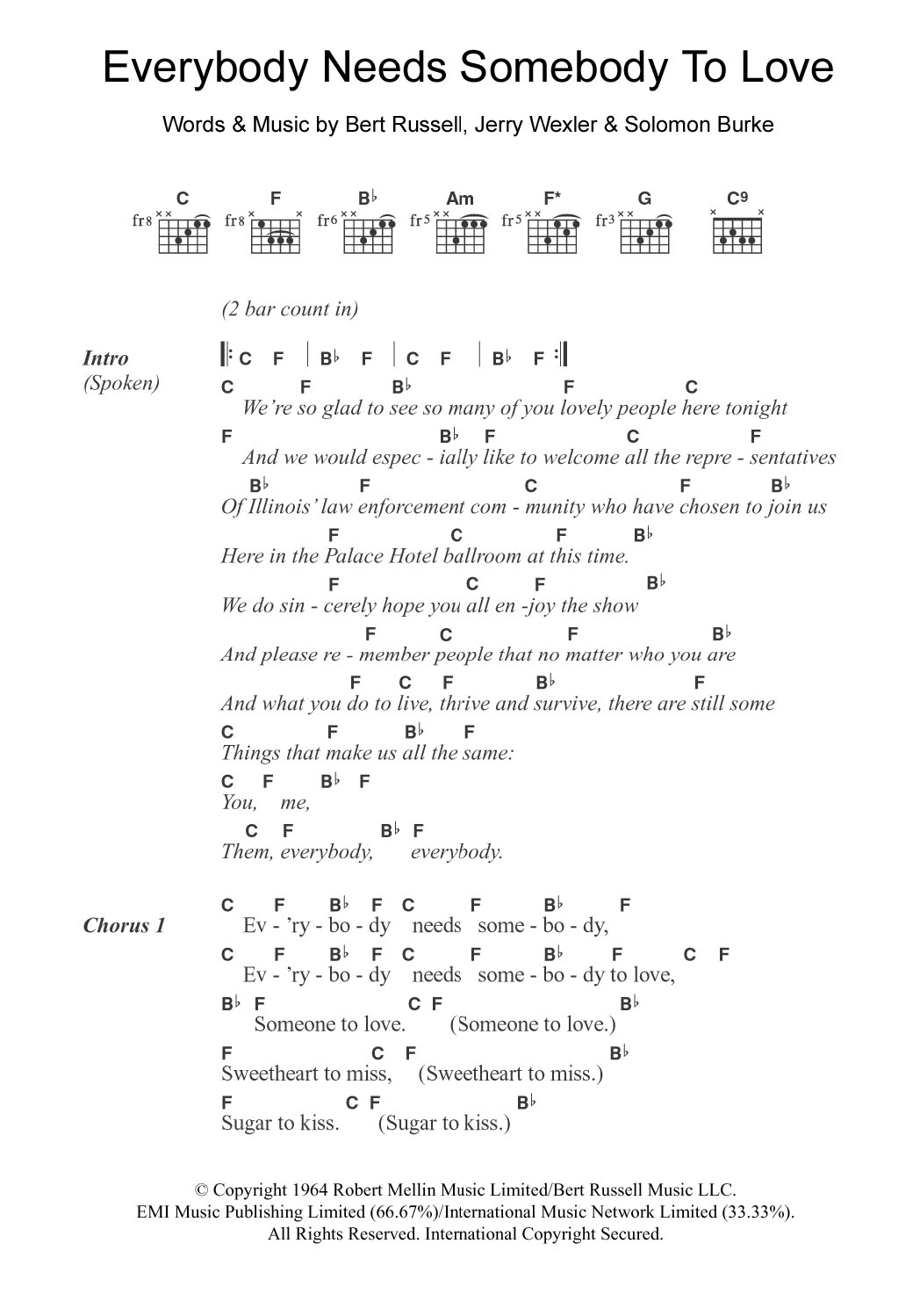 The Blues Brothers Everybody Needs Somebody To Love sheet music notes and chords. Download Printable PDF.