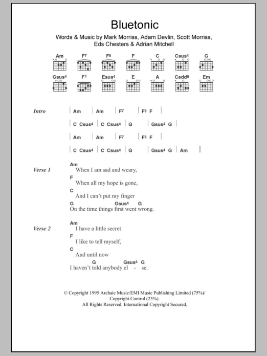 The Bluetones Bluetonic sheet music notes and chords. Download Printable PDF.