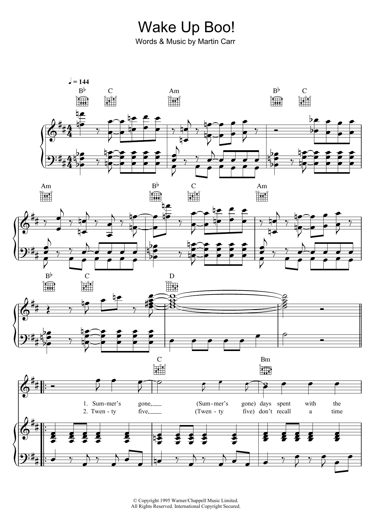 Boo Radleys Wake Up Boo! sheet music notes and chords arranged for Piano, Vocal & Guitar Chords