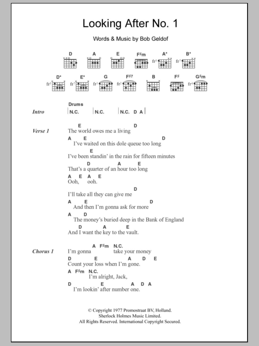 The Boomtown Rats Looking After No. 1 sheet music notes and chords. Download Printable PDF.