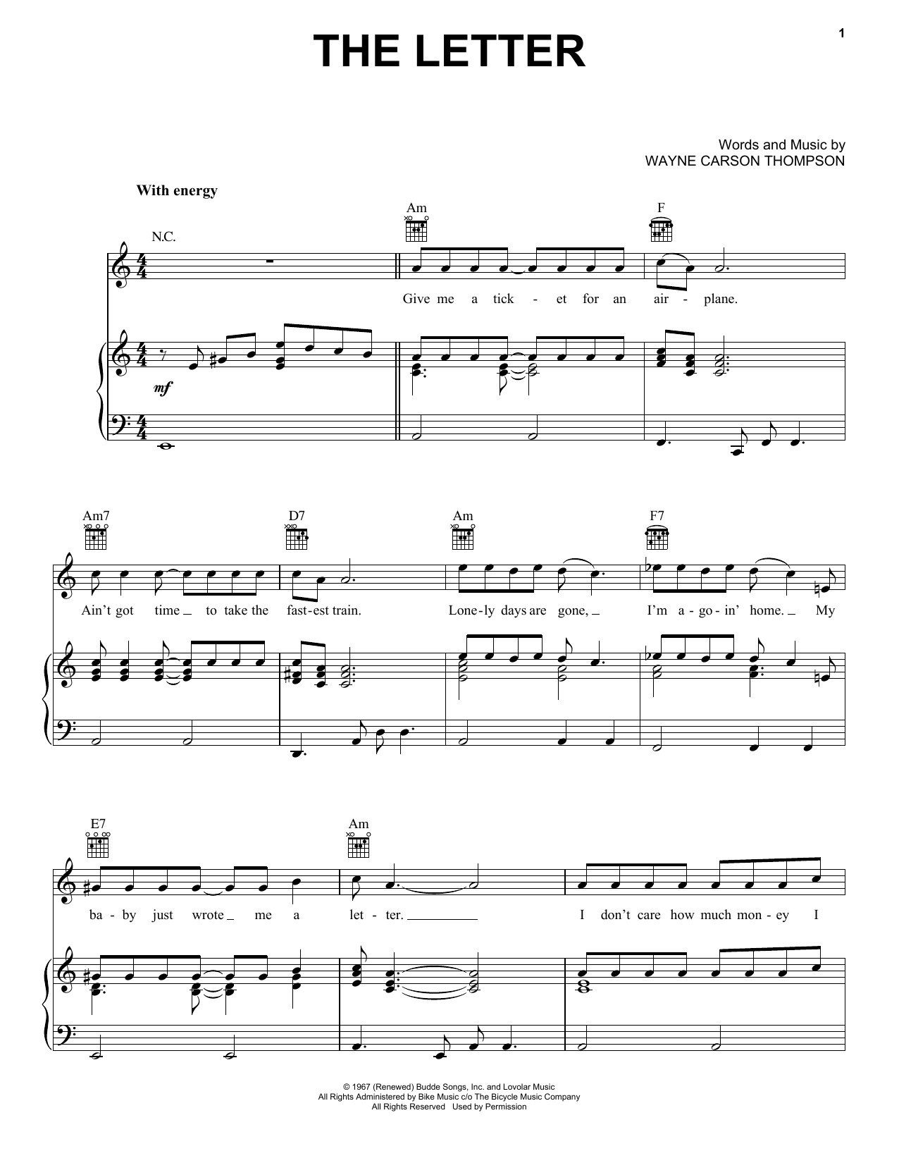 Wayne Carson Thompson The Letter sheet music notes and chords. Download Printable PDF.