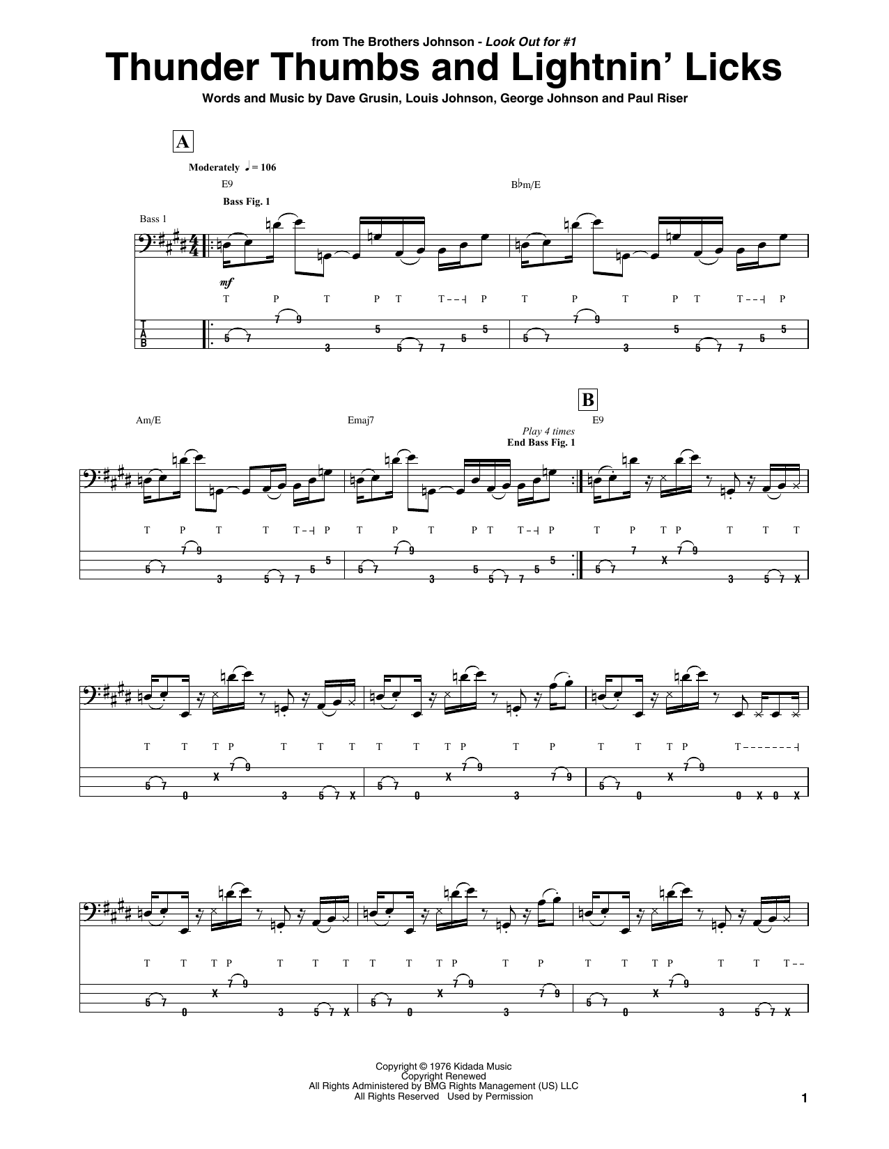 Learn to play The Brothers Johnson Thunder Thumbs And Lightnin' Licks sheet music for Bass Guitar Tab in minutes. Price: 7.8900$ The Brothers Johnson Thunder Thumbs And Lightnin' Licks sheet music notes and chords arranged for Bass Guitar Tab