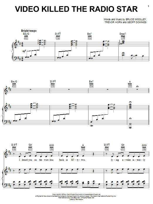 The Buggles Video Killed The Radio Star sheet music notes and chords. Download Printable PDF.