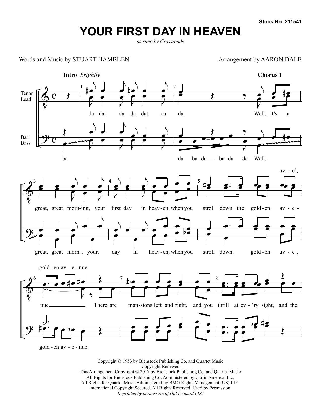 Learn to play The Buzz Your First Day in Heaven (arr. Aaron Dale) sheet music for TTBB Choir in minutes. Price: 3.9900$ The Buzz Your First Day in Heaven (arr. Aaron Dale) sheet music notes and chords arranged for TTBB Choir
