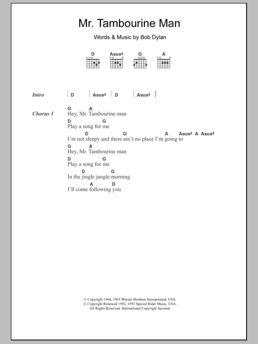 The Byrds Mr. Tambourine Man sheet music notes and chords. Download Printable PDF.