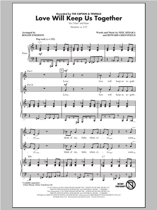 The Captain & Tennille Love Will Keep Us Together (arr. Roger Emerson) sheet music notes and chords. Download Printable PDF.