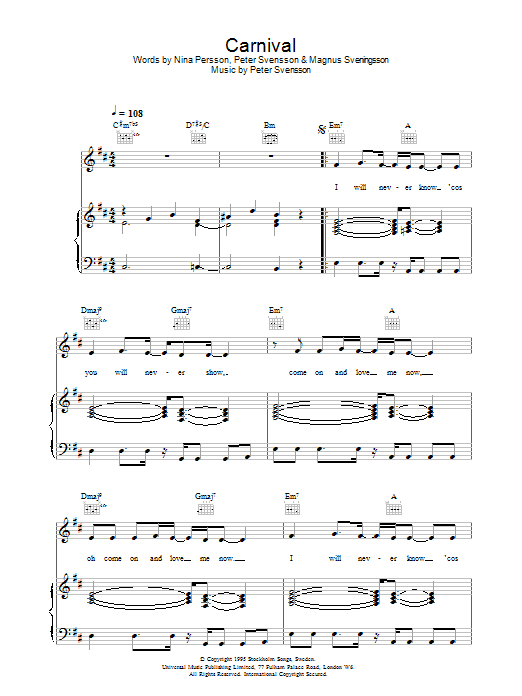 Learn to play The Cardigans Carnival sheet music for Piano, Vocal & Guitar Chords in minutes. Price: 7.8900$ The Cardigans Carnival sheet music notes and chords arranged for Piano, Vocal & Guitar Chords