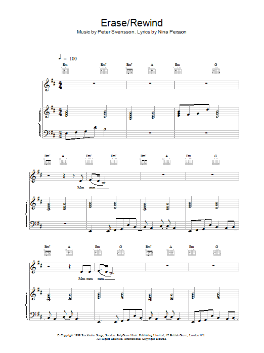 The Cardigans Erase / Rewind sheet music notes and chords. Download Printable PDF.