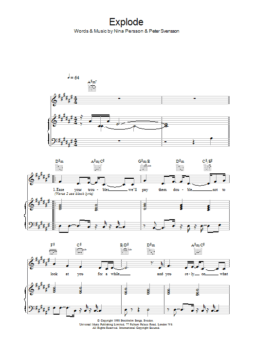 Learn to play The Cardigans Explode sheet music for Piano, Vocal & Guitar Chords in minutes. Price: 7.8900$ The Cardigans Explode sheet music notes and chords arranged for Piano, Vocal & Guitar Chords