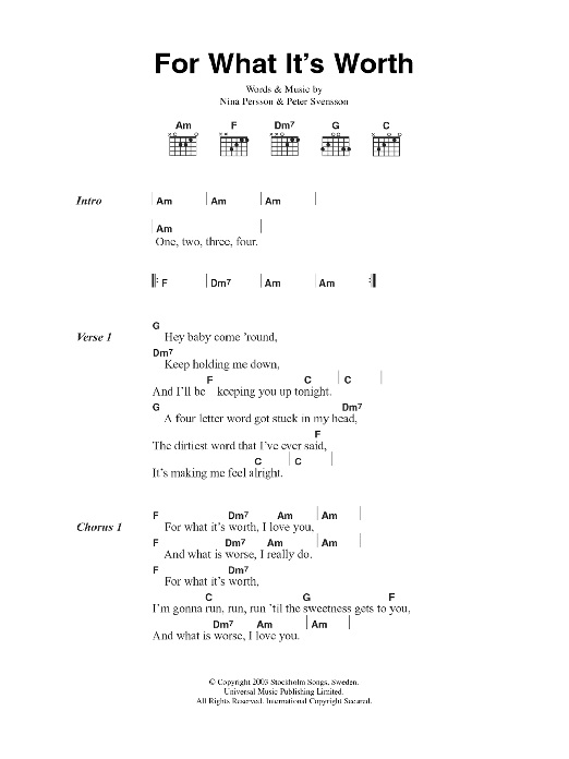 Learn to play The Cardigans For What It's Worth sheet music for Guitar Chords/Lyrics in minutes. Price: 4.4900$ The Cardigans For What It's Worth sheet music notes and chords arranged for Guitar Chords/Lyrics