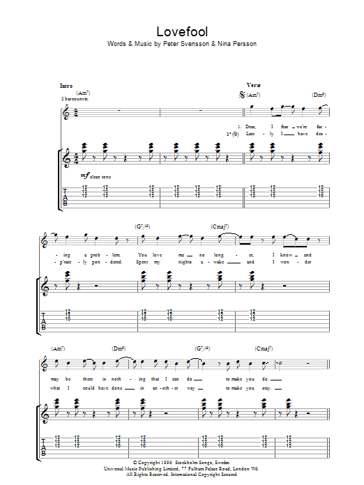 The Cardigans Lovefool sheet music notes and chords. Download Printable PDF.