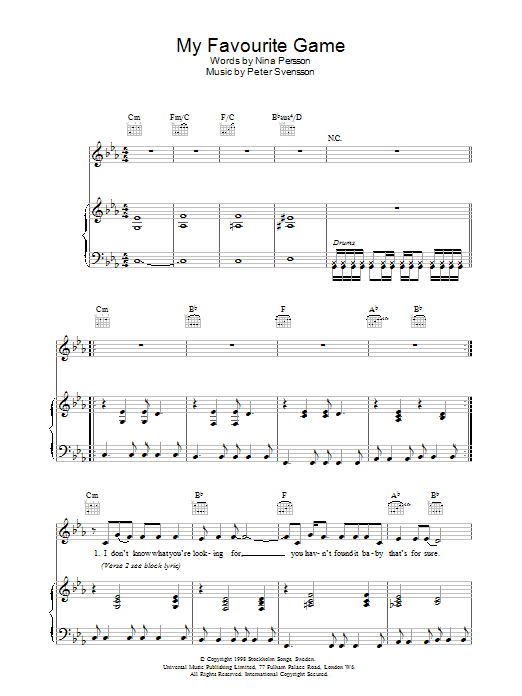 The Cardigans My Favourite Game sheet music notes and chords. Download Printable PDF.