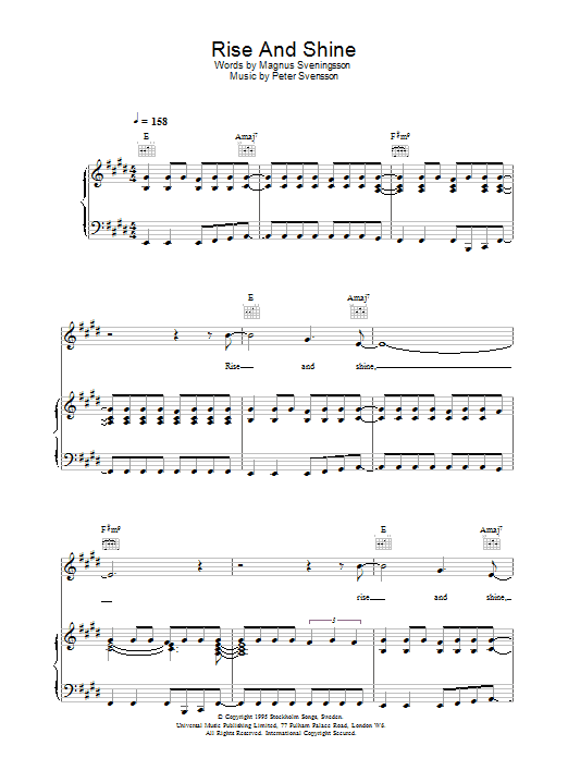 The Cardigans Rise And Shine sheet music notes and chords arranged for Piano, Vocal & Guitar Chords