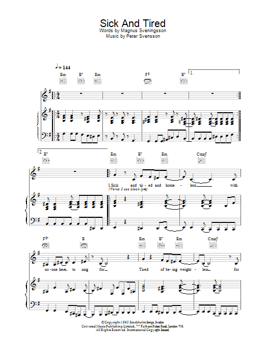 The Cardigans Sick And Tired sheet music notes and chords. Download Printable PDF.