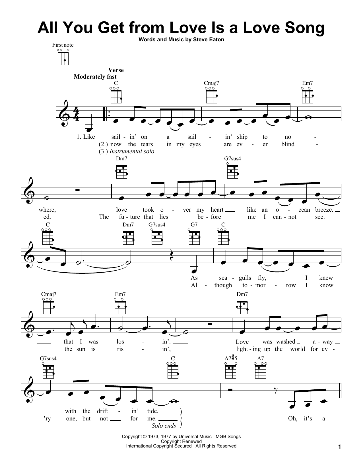 Learn to play Carpenters All You Get From Love Is A Love Song sheet music for Ukulele in minutes. Price: 5.9900$ Carpenters All You Get From Love Is A Love Song sheet music notes and chords arranged for Ukulele