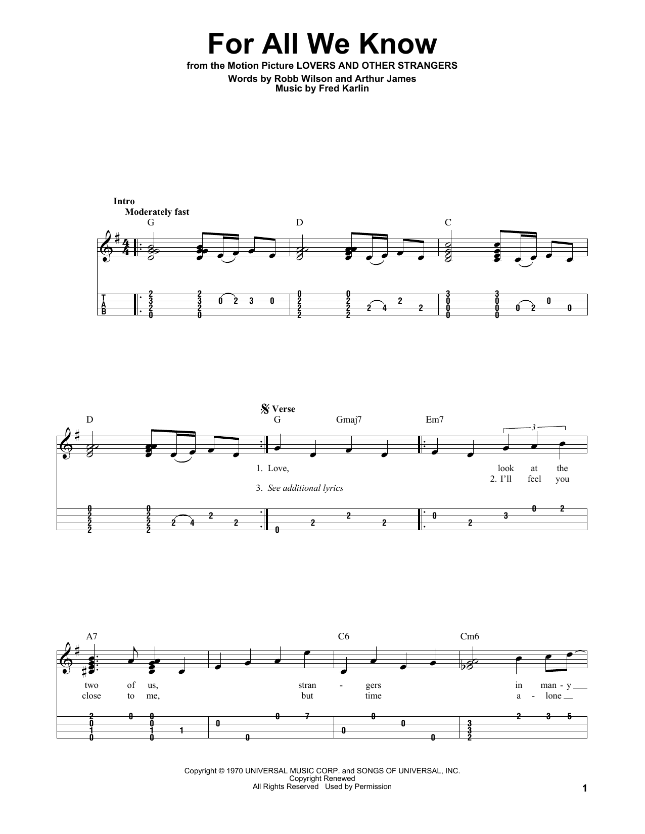 The Carpenters For All We Know sheet music notes and chords. Download Printable PDF.