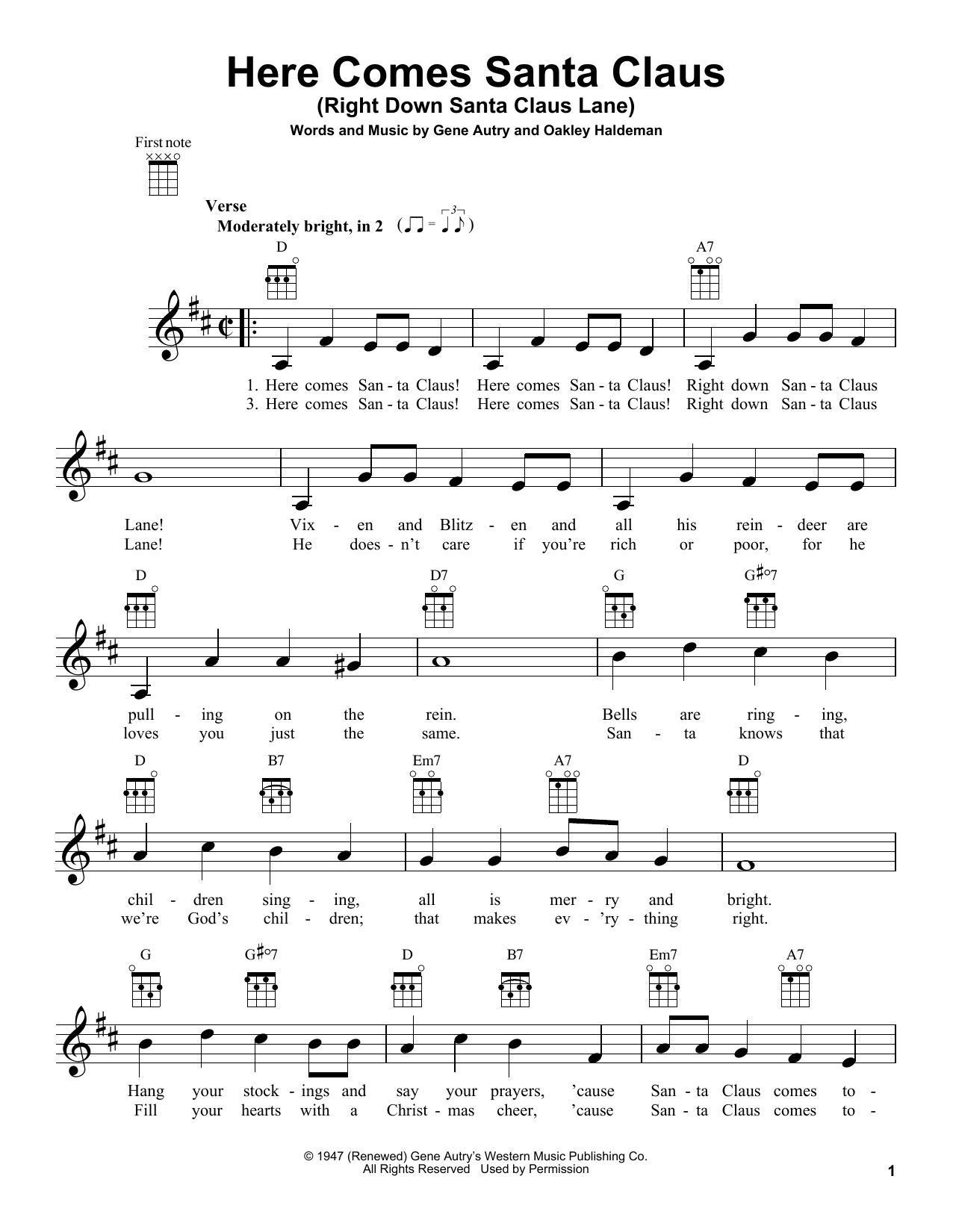 Learn to play The Carpenters Here Comes Santa Claus (Right Down Santa Claus Lane) sheet music for Ukulele in minutes. Price: 5.9900$ The Carpenters Here Comes Santa Claus (Right Down Santa Claus Lane) sheet music notes and chords arranged for Ukulele