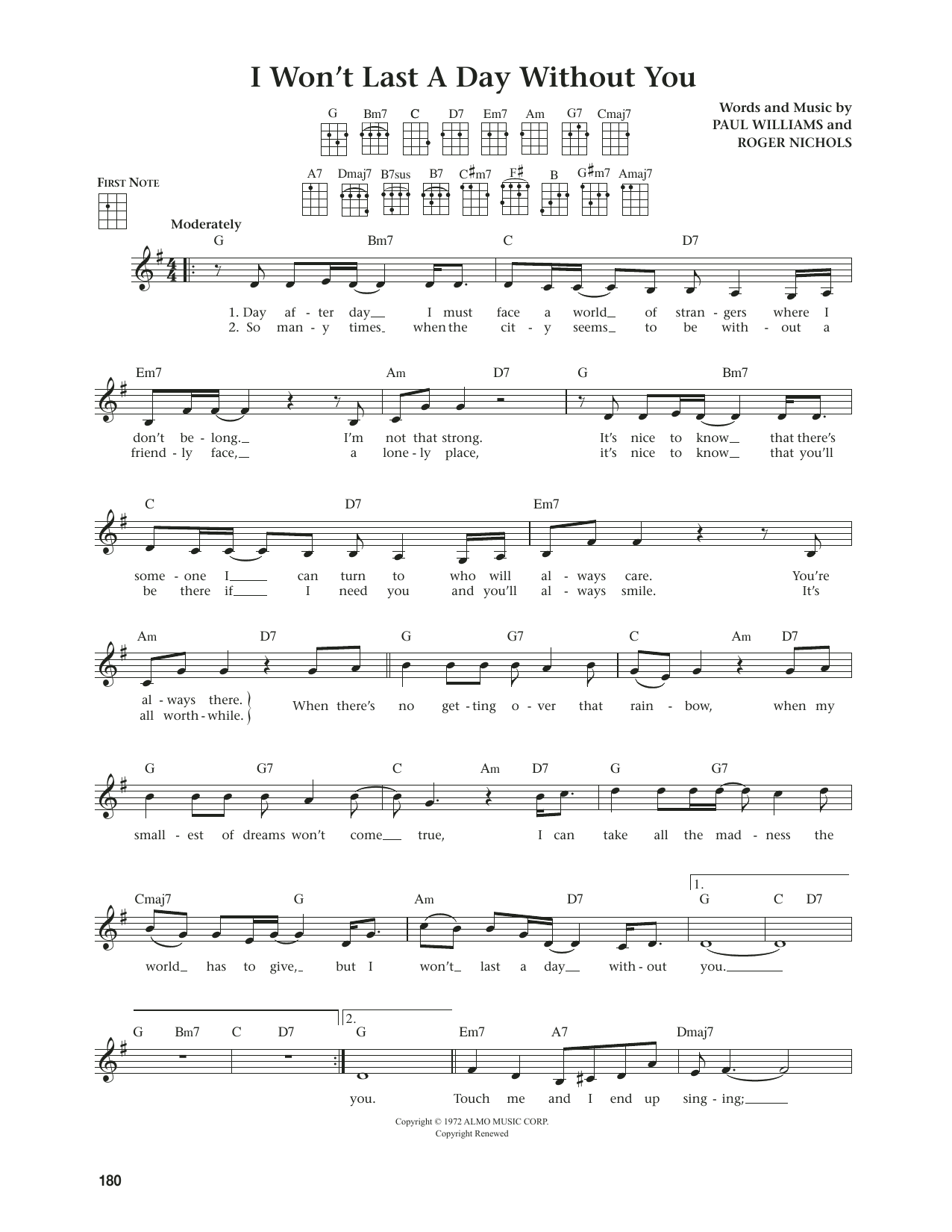 The Carpenters I Won't Last A Day Without You (from The Daily Ukulele) (arr. Jim Beloff) sheet music notes and chords. Download Printable PDF.