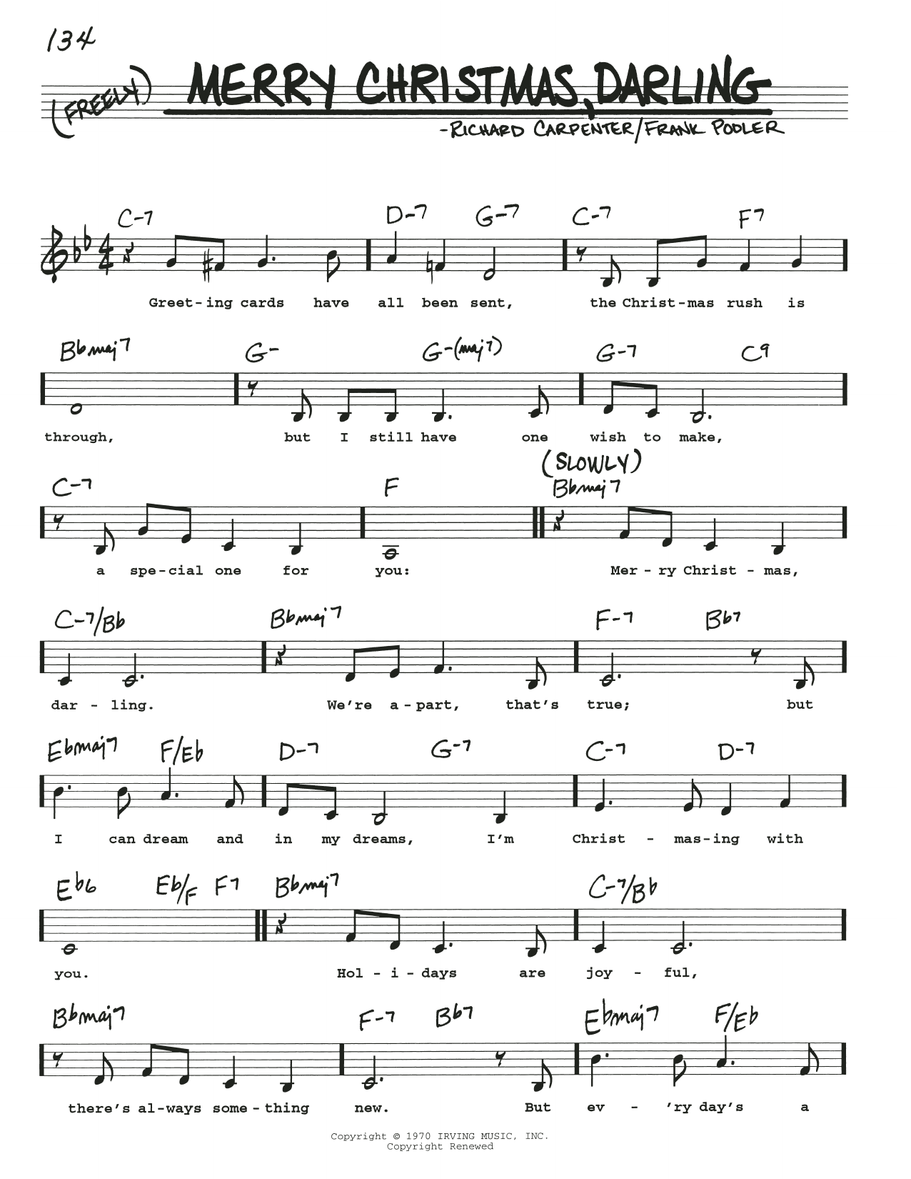 Carpenters Merry Christmas, Darling sheet music notes and chords. Download Printable PDF.