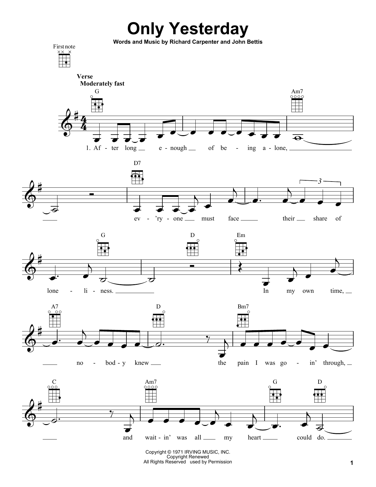 Learn to play Carpenters Only Yesterday sheet music for Easy Lead Sheet / Fake Book in minutes. Price: 5.9900$ Carpenters Only Yesterday sheet music notes and chords arranged for Easy Lead Sheet / Fake Book