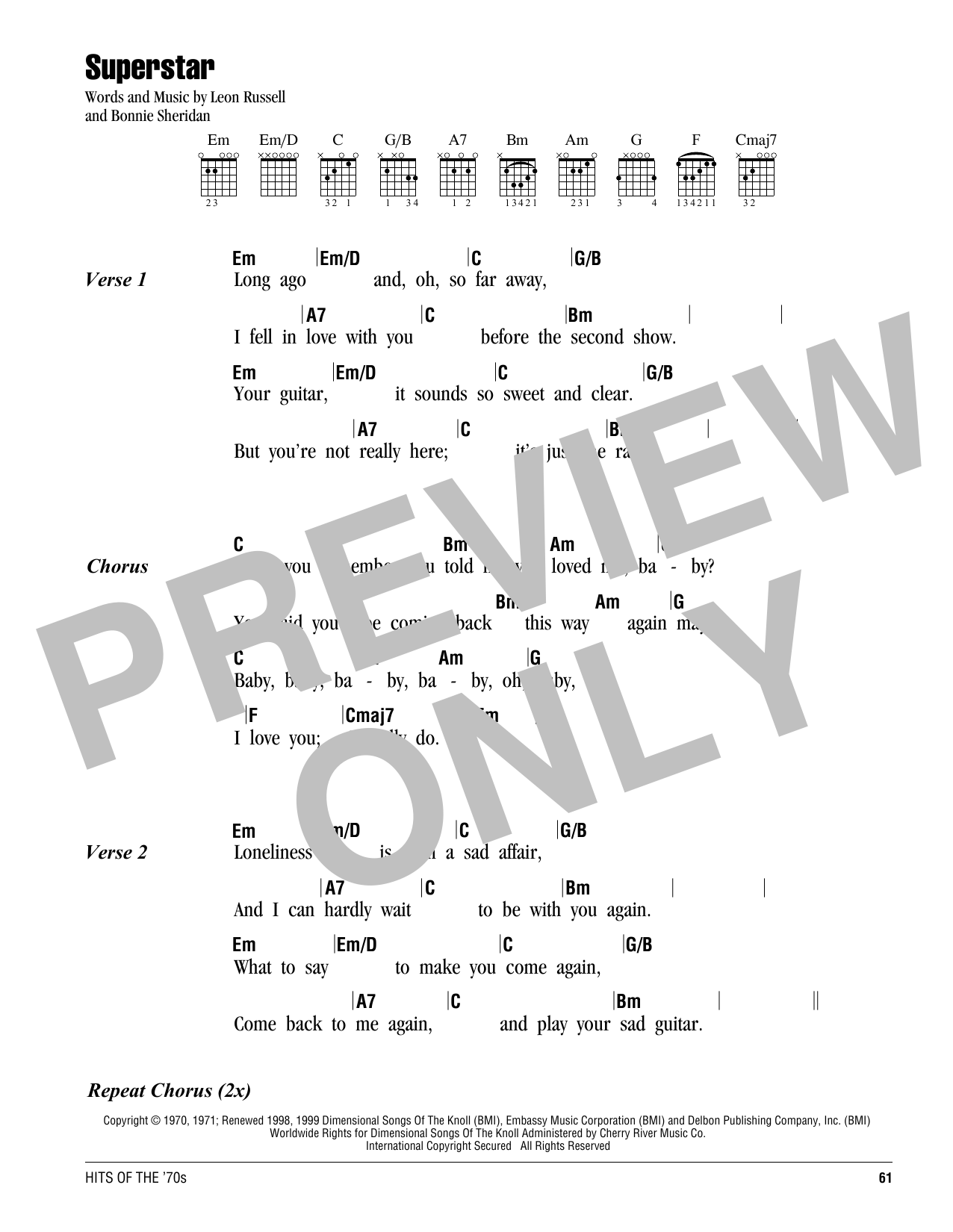 Carpenters Superstar sheet music notes and chords arranged for Guitar Chords/Lyrics