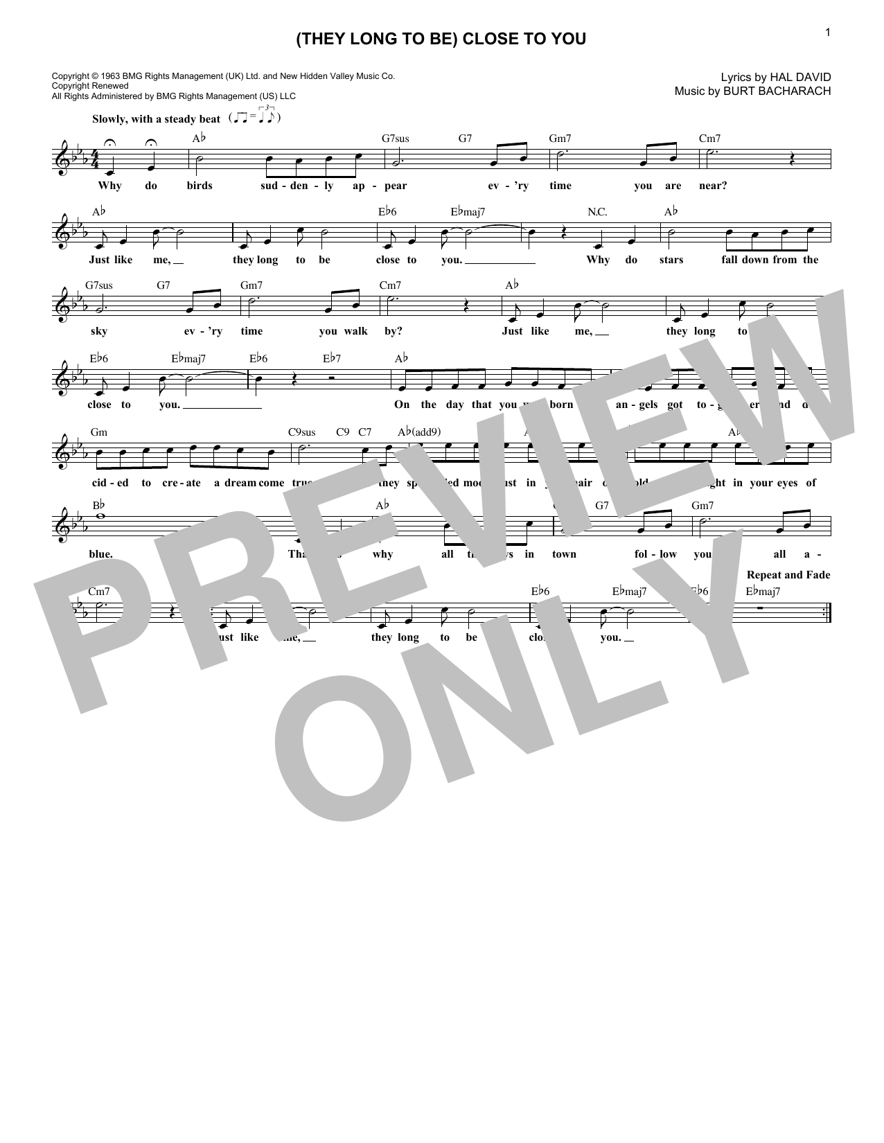 The Carpenters (They Long To Be) Close To You sheet music notes and chords. Download Printable PDF.