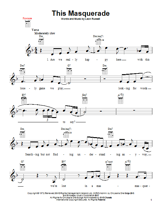 Learn to play Carpenters This Masquerade sheet music for Ukulele in minutes. Price: 5.9900$ Carpenters This Masquerade sheet music notes and chords arranged for Ukulele