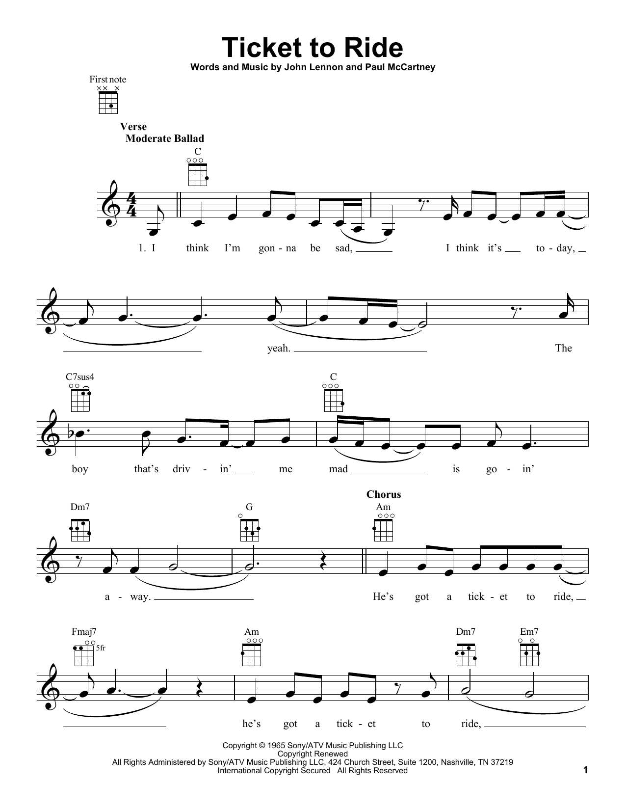 Learn to play Carpenters Ticket To Ride sheet music for Ukulele in minutes. Price: 5.9900$ Carpenters Ticket To Ride sheet music notes and chords arranged for Ukulele
