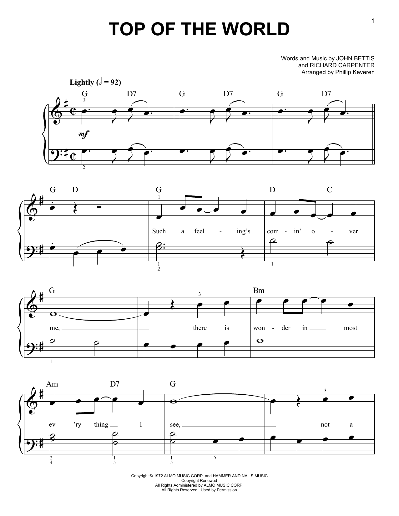 Learn to play Phillip Keveren Top Of The World sheet music for Easy Piano in minutes. Price: 6.9900$ Phillip Keveren Top Of The World sheet music notes and chords arranged for Easy Piano