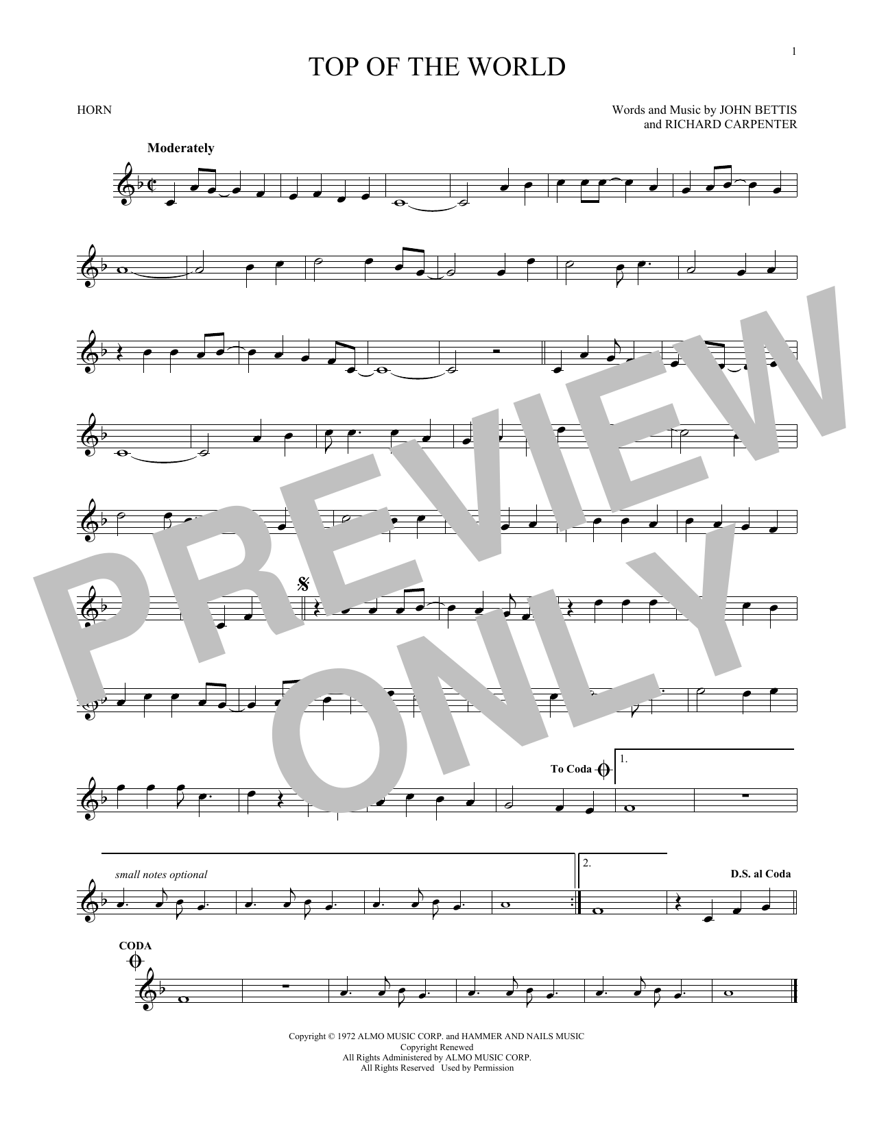 Carpenters Top Of The World sheet music notes and chords. Download Printable PDF.