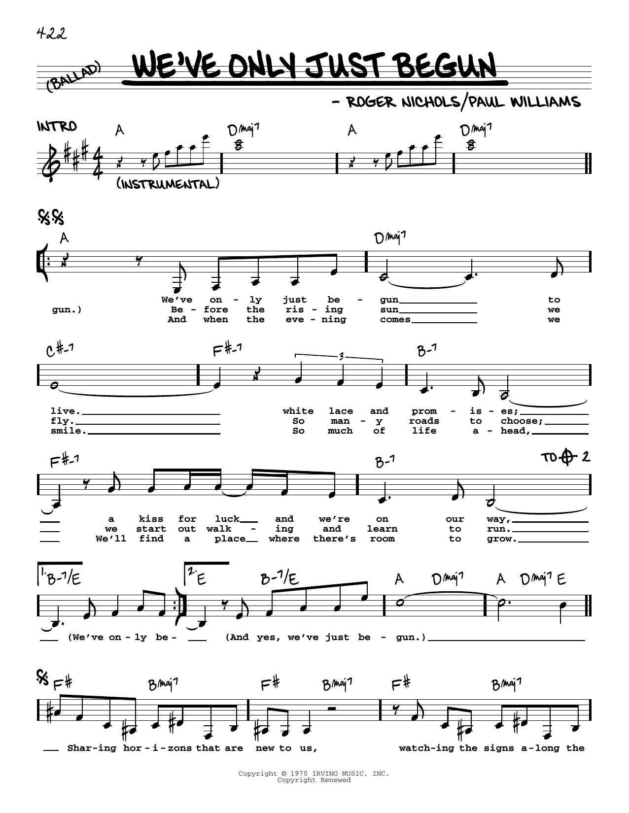 The Carpenters We've Only Just Begun sheet music notes and chords. Download Printable PDF.