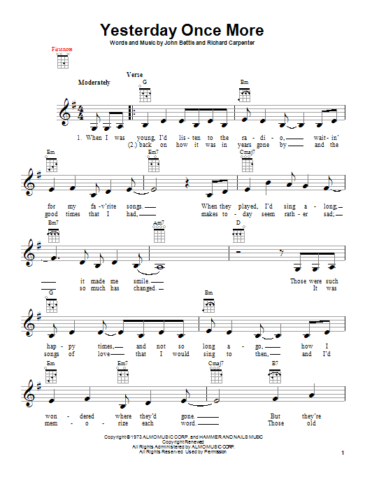 Learn to play Carpenters Yesterday Once More sheet music for Ukulele in minutes. Price: 5.9900$ Carpenters Yesterday Once More sheet music notes and chords arranged for Ukulele