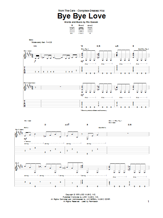 The Cars Bye Bye Love sheet music notes and chords arranged for Piano, Vocal & Guitar Chords (Right-Hand Melody)