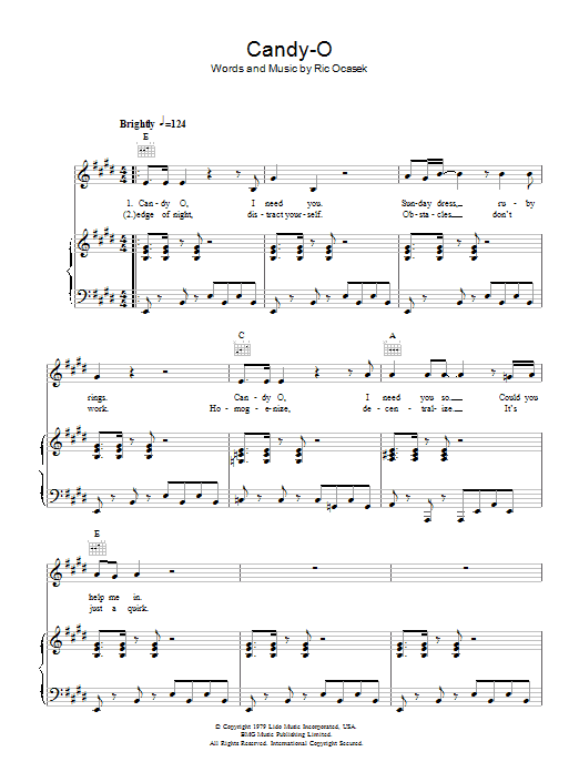 Learn to play The Cars Candy-O sheet music for Piano, Vocal & Guitar Chords in minutes. Price: 7.8900$ The Cars Candy-O sheet music notes and chords arranged for Piano, Vocal & Guitar Chords