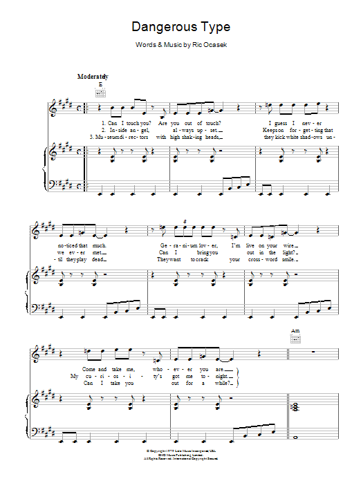 Learn to play The Cars Dangerous Type sheet music for Piano, Vocal & Guitar Chords in minutes. Price: 7.8900$ The Cars Dangerous Type sheet music notes and chords arranged for Piano, Vocal & Guitar Chords