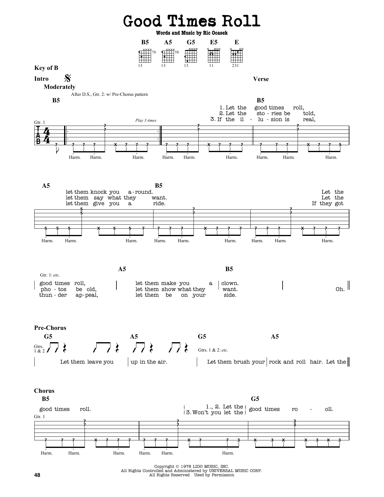 The Cars Good Times Roll sheet music notes and chords. Download Printable PDF.