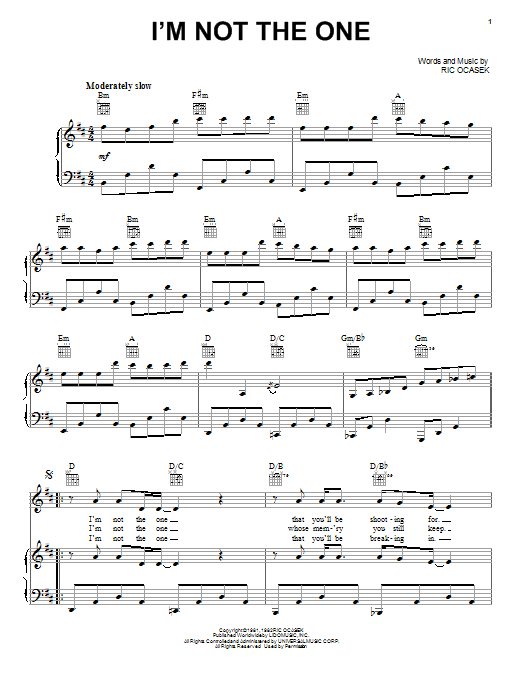 Learn to play The Cars I'm Not The One sheet music for Piano, Vocal & Guitar Chords (Right-Hand Melody) in minutes. Price: 7.8900$ The Cars I'm Not The One sheet music notes and chords arranged for Piano, Vocal & Guitar Chords (Right-Hand Melody)
