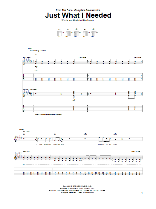 The Cars Just What I Needed sheet music notes and chords. Download Printable PDF.