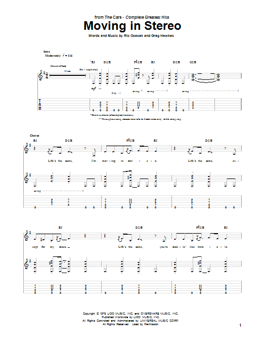 The Cars Moving In Stereo sheet music notes and chords. Download Printable PDF.