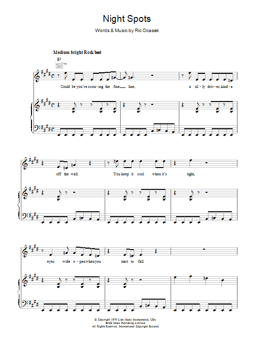 Learn to play The Cars Night Spots sheet music for Piano, Vocal & Guitar Chords in minutes. Price: 7.8900$ The Cars Night Spots sheet music notes and chords arranged for Piano, Vocal & Guitar Chords