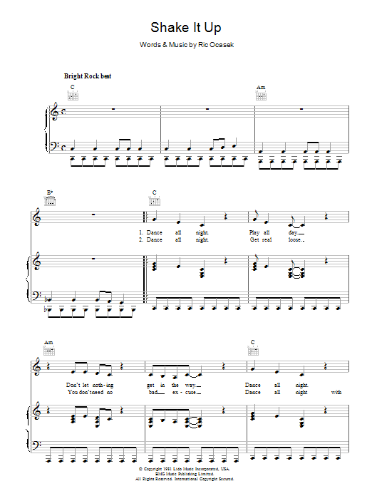 The Cars Shake It Up sheet music notes and chords. Download Printable PDF.