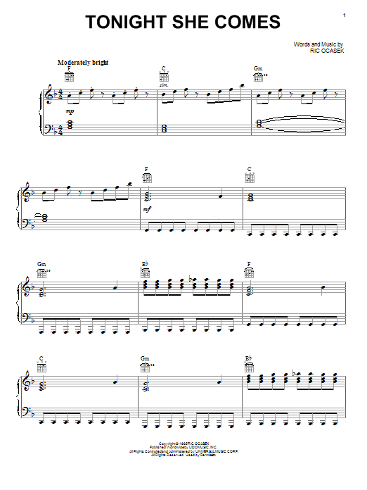 Learn to play The Cars Tonight She Comes sheet music for Piano, Vocal & Guitar Chords (Right-Hand Melody) in minutes. Price: 7.8900$ The Cars Tonight She Comes sheet music notes and chords arranged for Piano, Vocal & Guitar Chords (Right-Hand Melody)