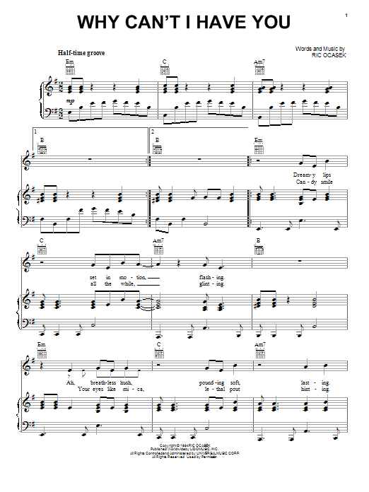 Learn to play The Cars Why Can't I Have You sheet music for Piano, Vocal & Guitar Chords in minutes. Price: 7.8900$ The Cars Why Can't I Have You sheet music notes and chords arranged for Piano, Vocal & Guitar Chords