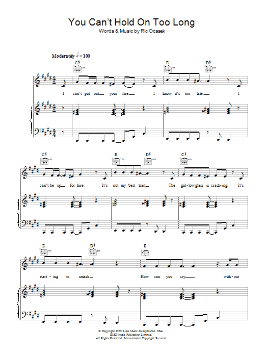 Learn to play The Cars You Can't Hold On Too Long sheet music for Piano, Vocal & Guitar Chords in minutes. Price: 7.8900$ The Cars You Can't Hold On Too Long sheet music notes and chords arranged for Piano, Vocal & Guitar Chords