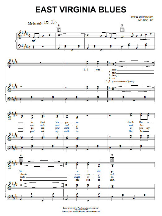 The Carter Family East Virginia Blues sheet music notes and chords arranged for Piano, Vocal & Guitar Chords (Right-Hand Melody)