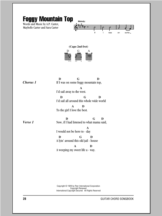 The Carter Family Foggy Mountain Top sheet music notes and chords. Download Printable PDF.