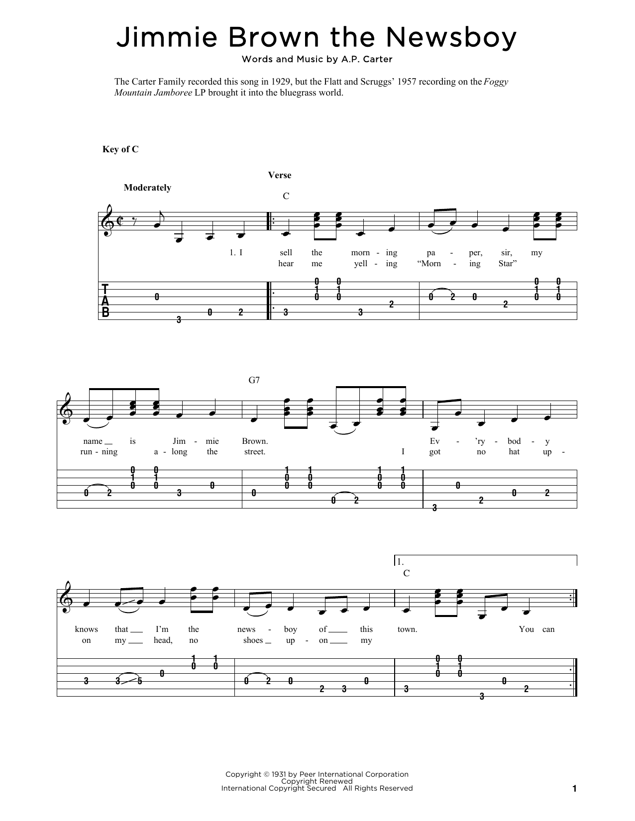 The Carter Family Jimmie Brown The Newsboy (arr. Fred Sokolow) sheet music notes and chords. Download Printable PDF.