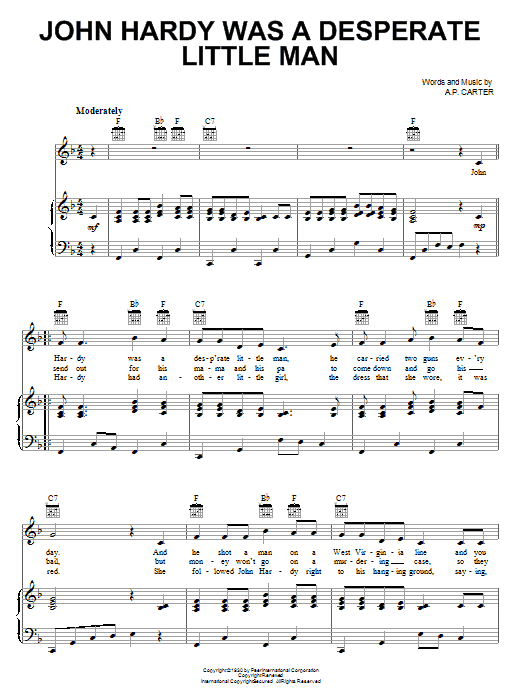 The Carter Family John Hardy Was A Desperate Little Man sheet music notes and chords arranged for Piano, Vocal & Guitar Chords (Right-Hand Melody)