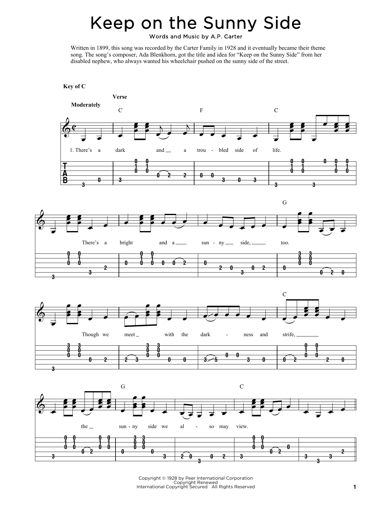 The Carter Family Keep On The Sunny Side (arr. Fred Sokolow) sheet music notes and chords. Download Printable PDF.