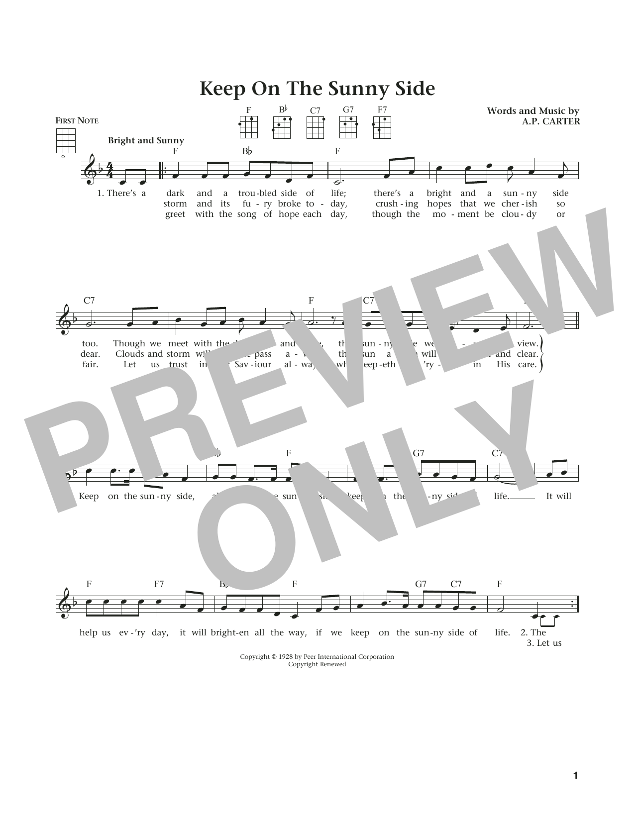 Learn to play The Carter Family Keep On The Sunny Side (from The Daily Ukulele) (arr. Liz and Jim Beloff) sheet music for Ukulele in minutes. Price: 5.9900$ The Carter Family Keep On The Sunny Side (from The Daily Ukulele) (arr. Liz and Jim Beloff) sheet music notes and chords arranged for Ukulele